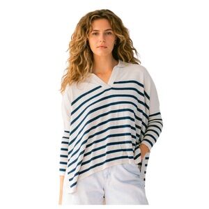 Mersea Striped V-Neck Sweater - Navy and White